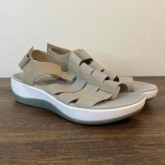 Clarks Size 9W Comfort Wedge Sandals Beige Elastic Slingback Walking Shoes - Picture 1 of 7